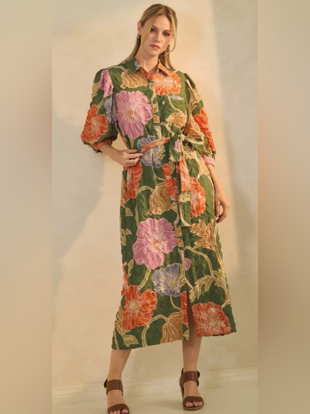 NEW Oddi size medium  Floral Button-Front Midi Dress with Tie